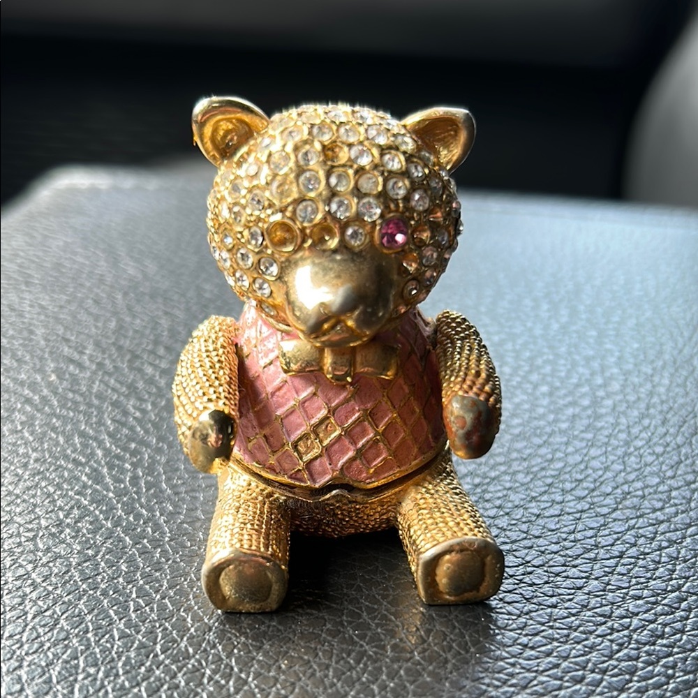 Vintage Gold and Pink Jeweled Bear trinket box with Swarovski crystals